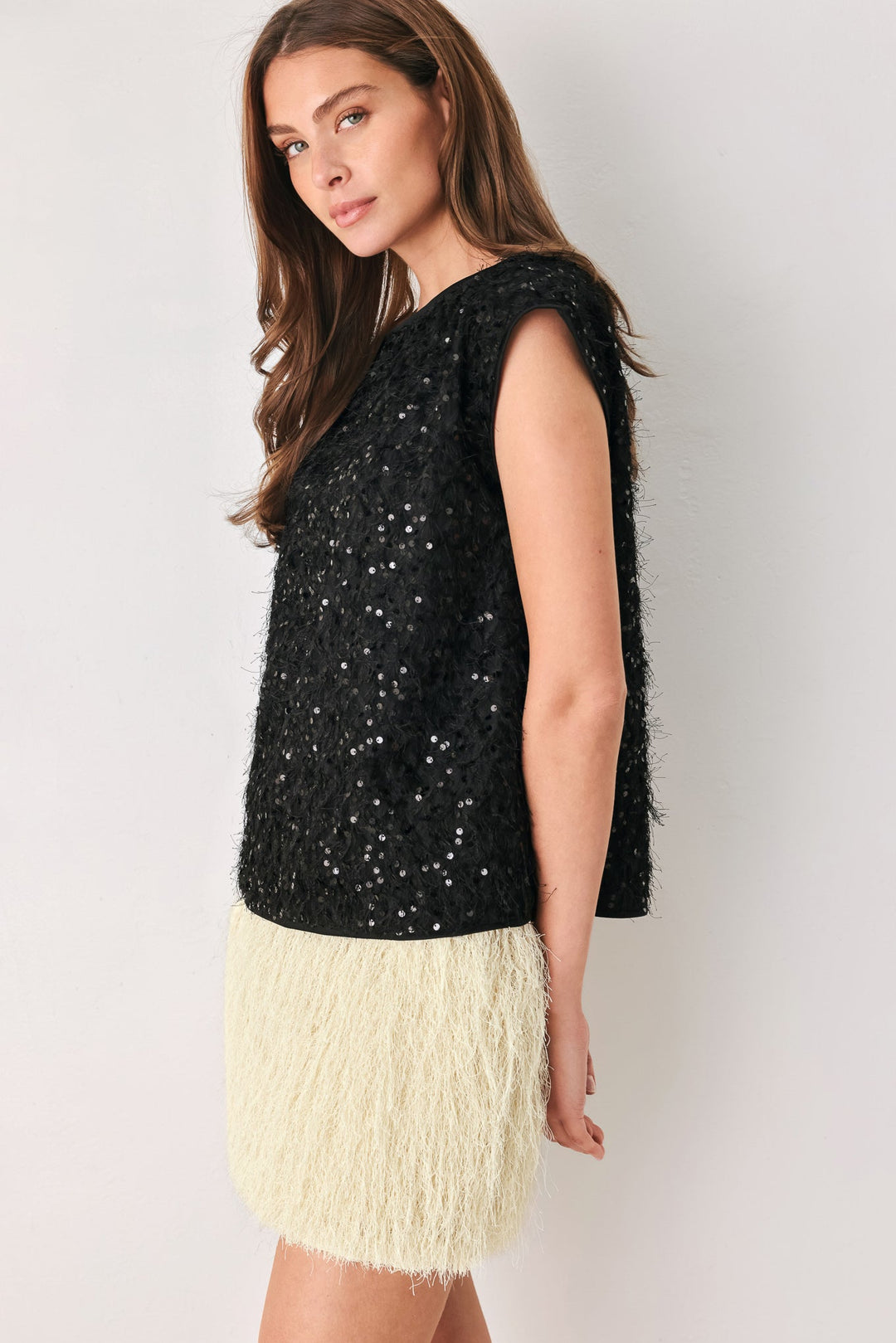 IVORY FRINGE OFF WHITE SEQUIN SLEEVELESS TOP