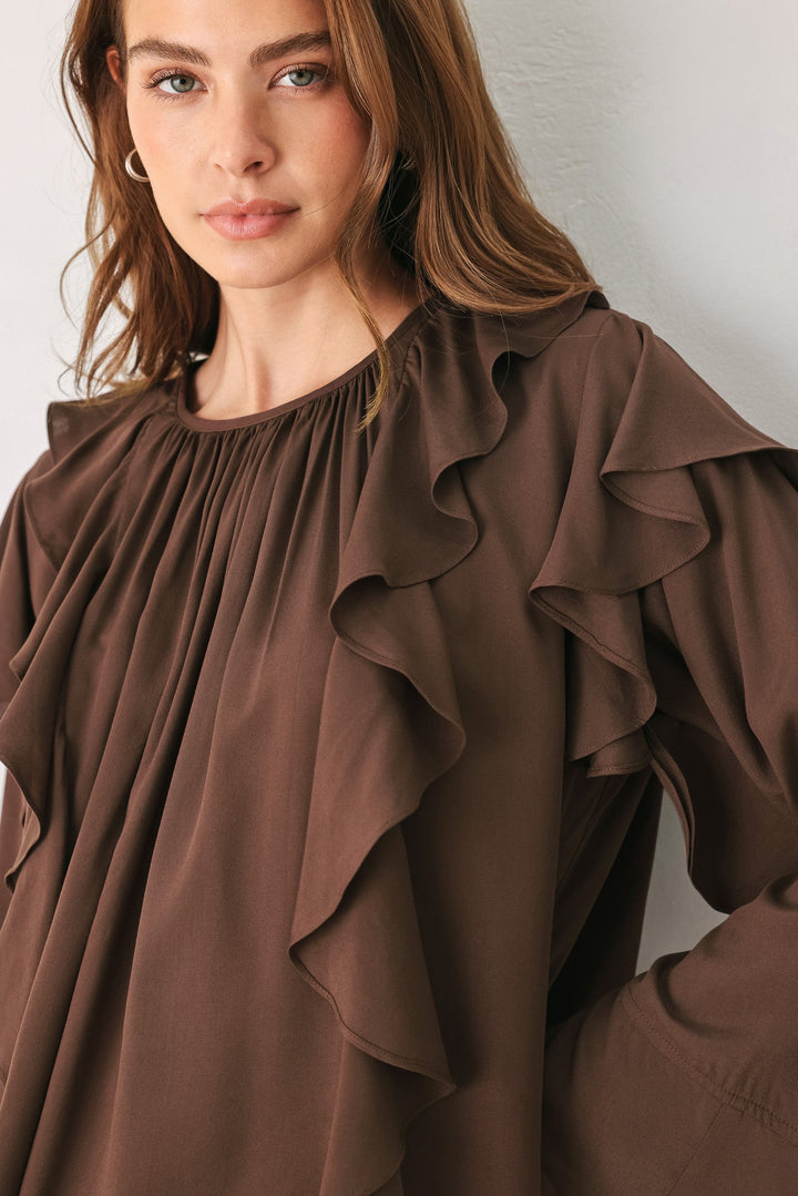 COCOA CASCADE BROWN TIERED-RUFFLE BLOUSE