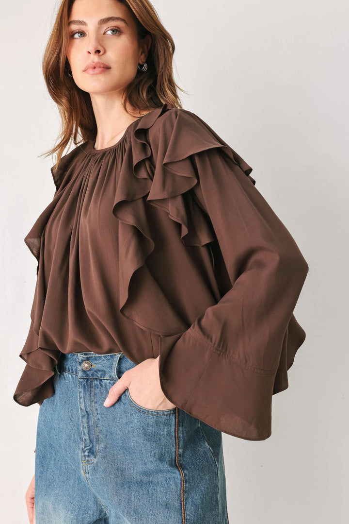COCOA CASCADE BROWN TIERED-RUFFLE BLOUSE
