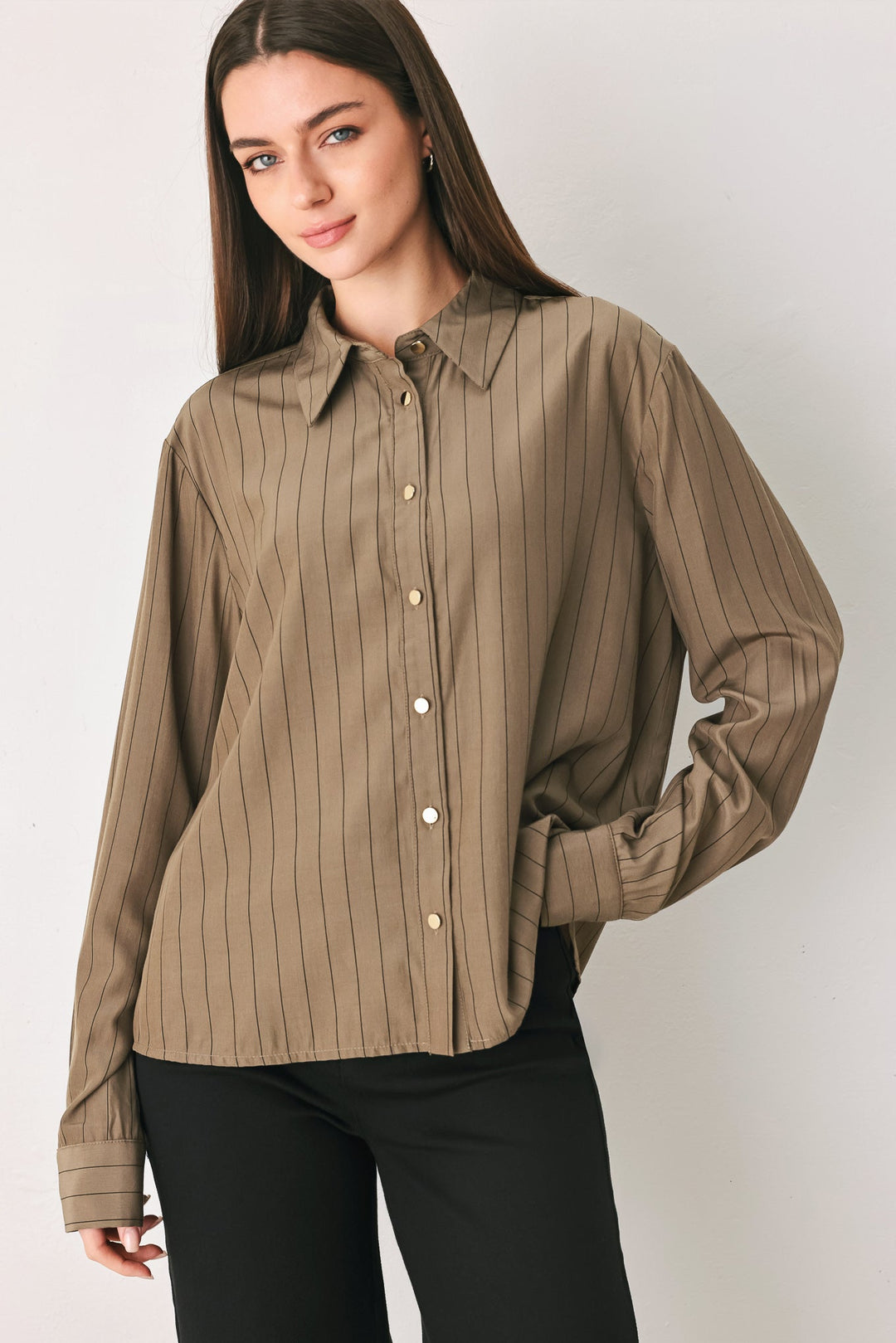 STRIPED DRAMA BROWN&amp; BLACK BUTTON-DOWN TOP