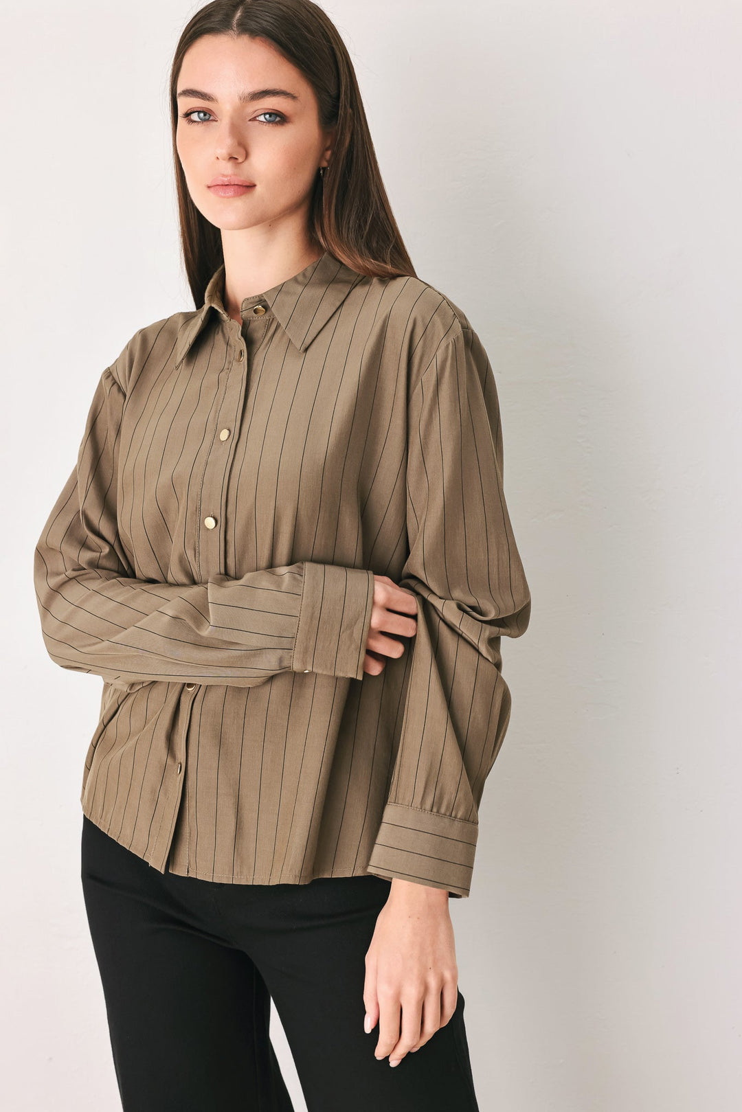 STRIPED DRAMA BROWN&amp; BLACK BUTTON-DOWN TOP