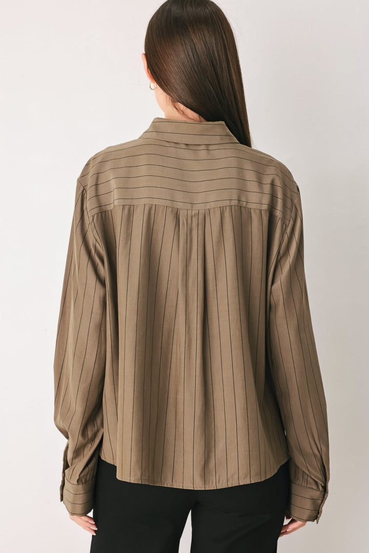 STRIPED DRAMA BROWN&amp; BLACK BUTTON-DOWN TOP
