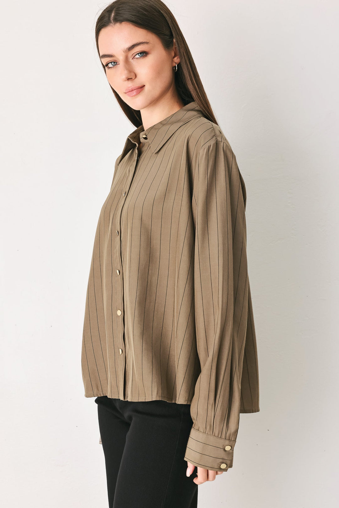 STRIPED DRAMA BROWN&amp; BLACK BUTTON-DOWN TOP