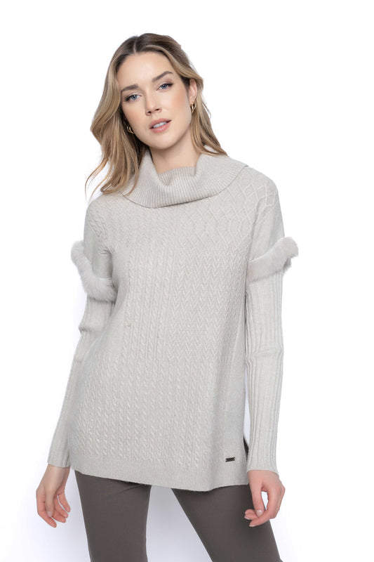 Fur Trimmed sweater in egg shell color at Kadou Boutique. Free Shipping in the US.