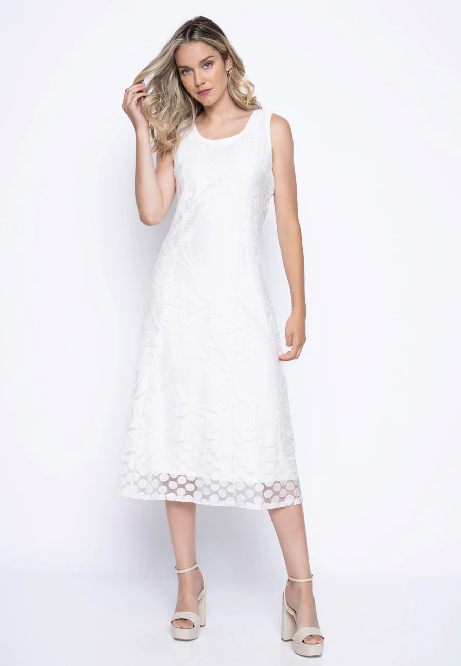 Picadilly Sleeveless Mesh Dress in Off White color. The model is wearing high heel sandals in cream color. 