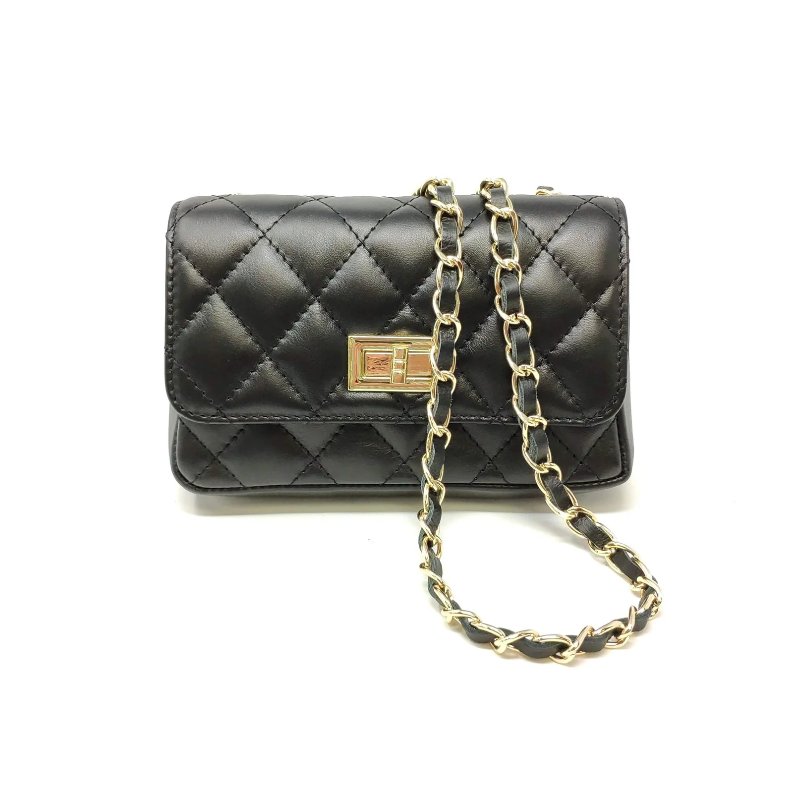 Quilted Small Leather Bag in Black color. At Kadou Boutique.