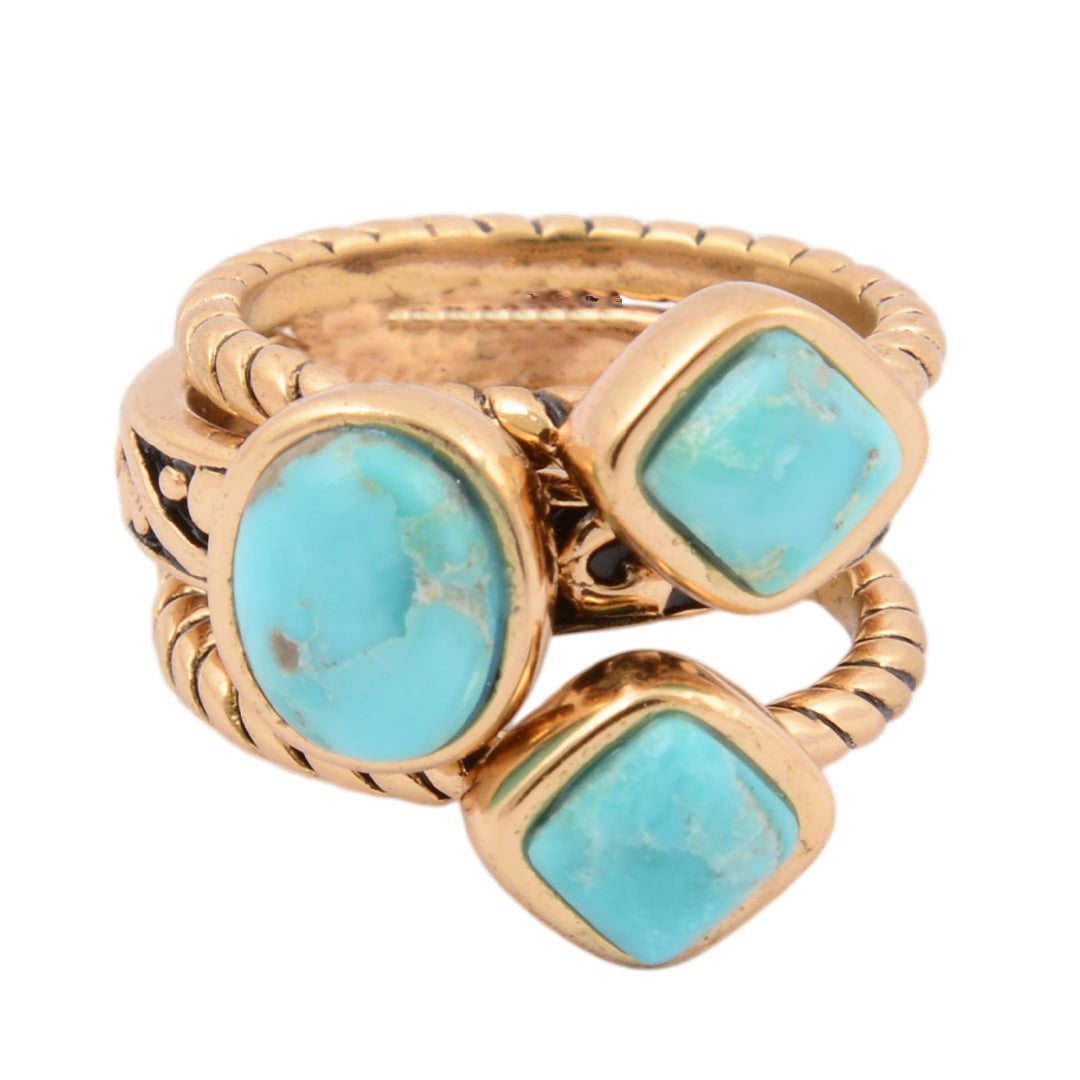 Multi-Shape Blue Turquoise and Golden Trio Ring Set from KADOU Boutique