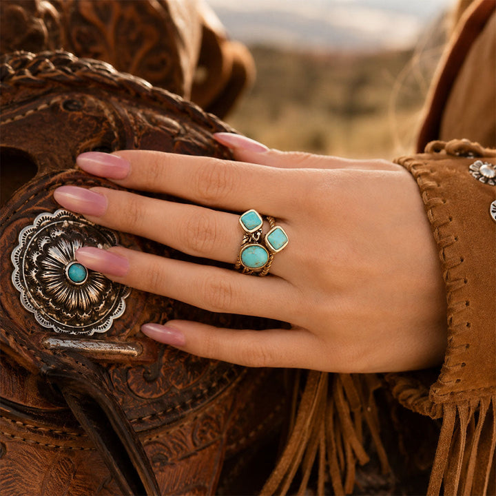 Multi-Shape Blue Turquoise and Golden Trio Ring Set from KADOU Boutique
