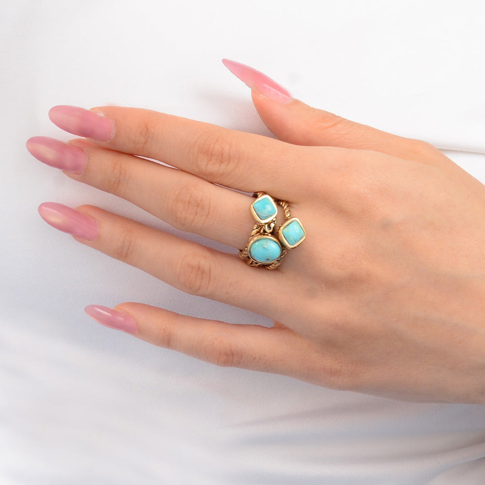 Multi-Shape Blue Turquoise and Golden Trio Ring Set from KADOU Boutique