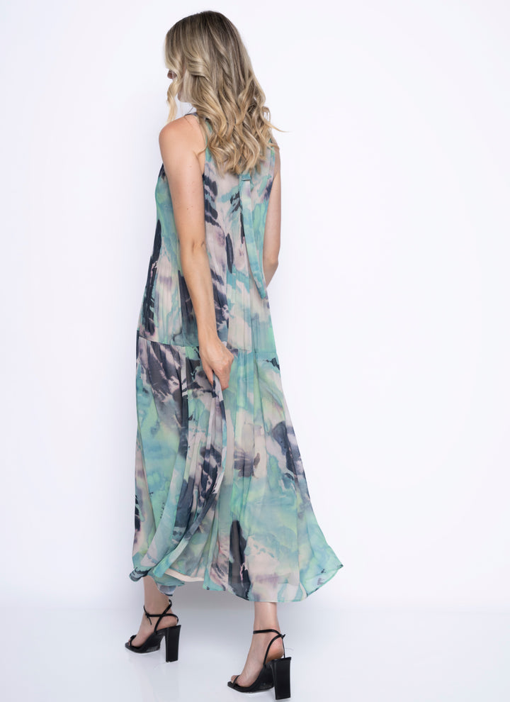 A back view or Picadilly Sleeveless Pleated Long Dress.
