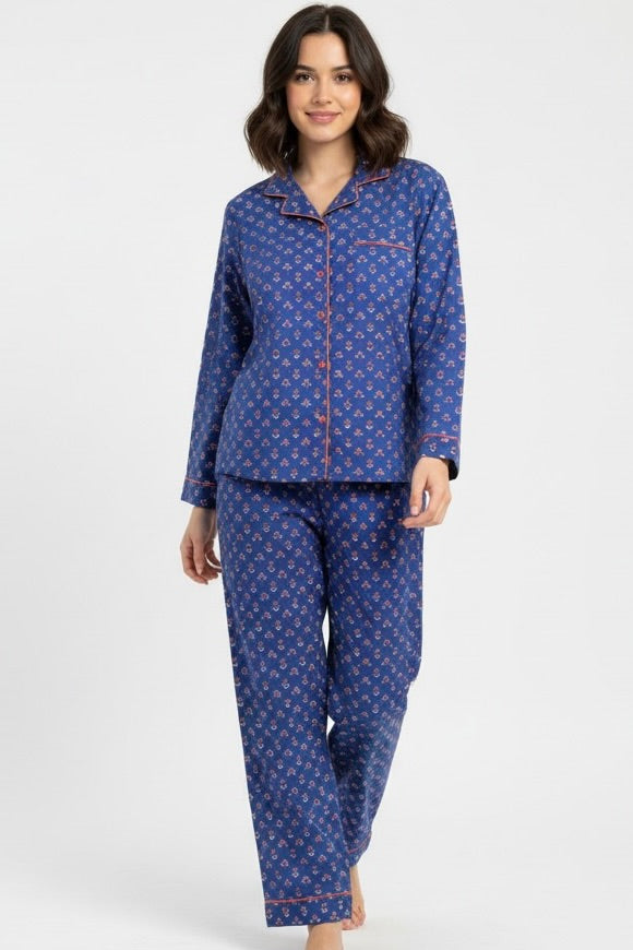 Gabriella Long Pajama Set in Ditsy Navy from KADOU Boutique