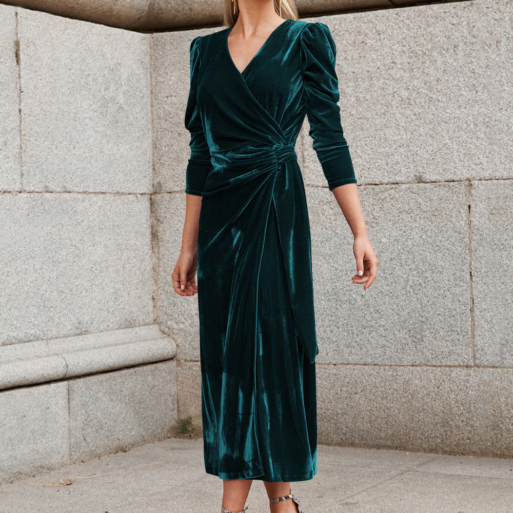 Waist Tie Velvet Long Dress from KADOU Boutique