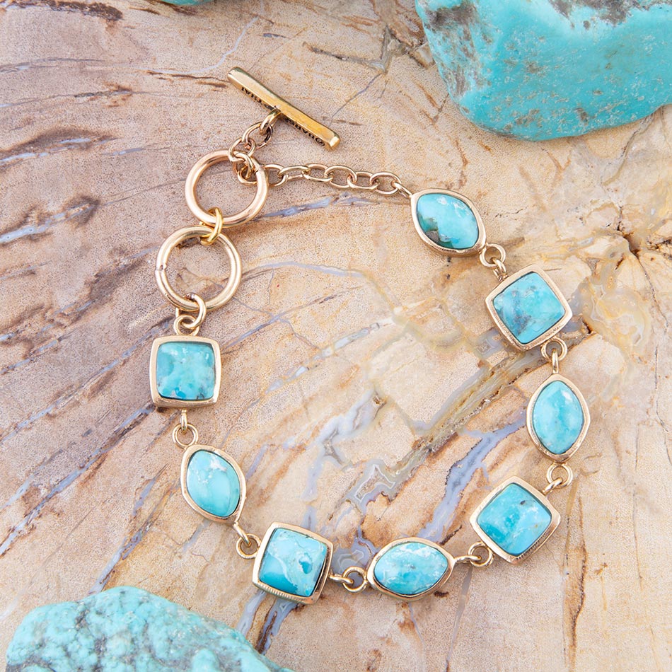 Genuine Blue Turquoise Hammered Golden Link Bracelet from KADOU Boutique