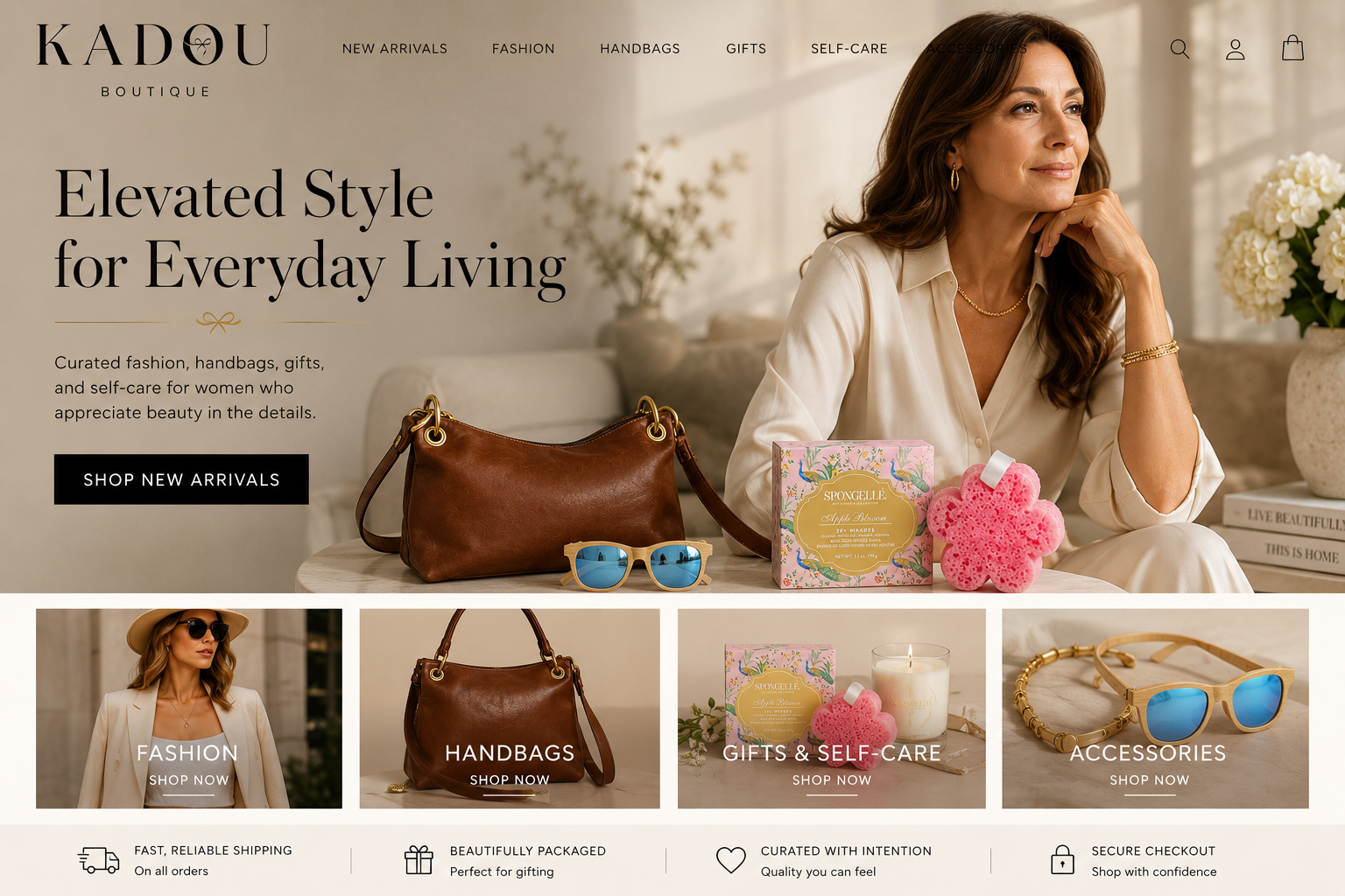 KADOU Boutique homepage with woman sitting at a table with products and text about elevated style.