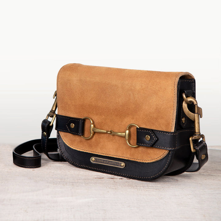 Saratoga- Horse Bit Crossbody Luxury Leather Handbag in Black on Chestnut