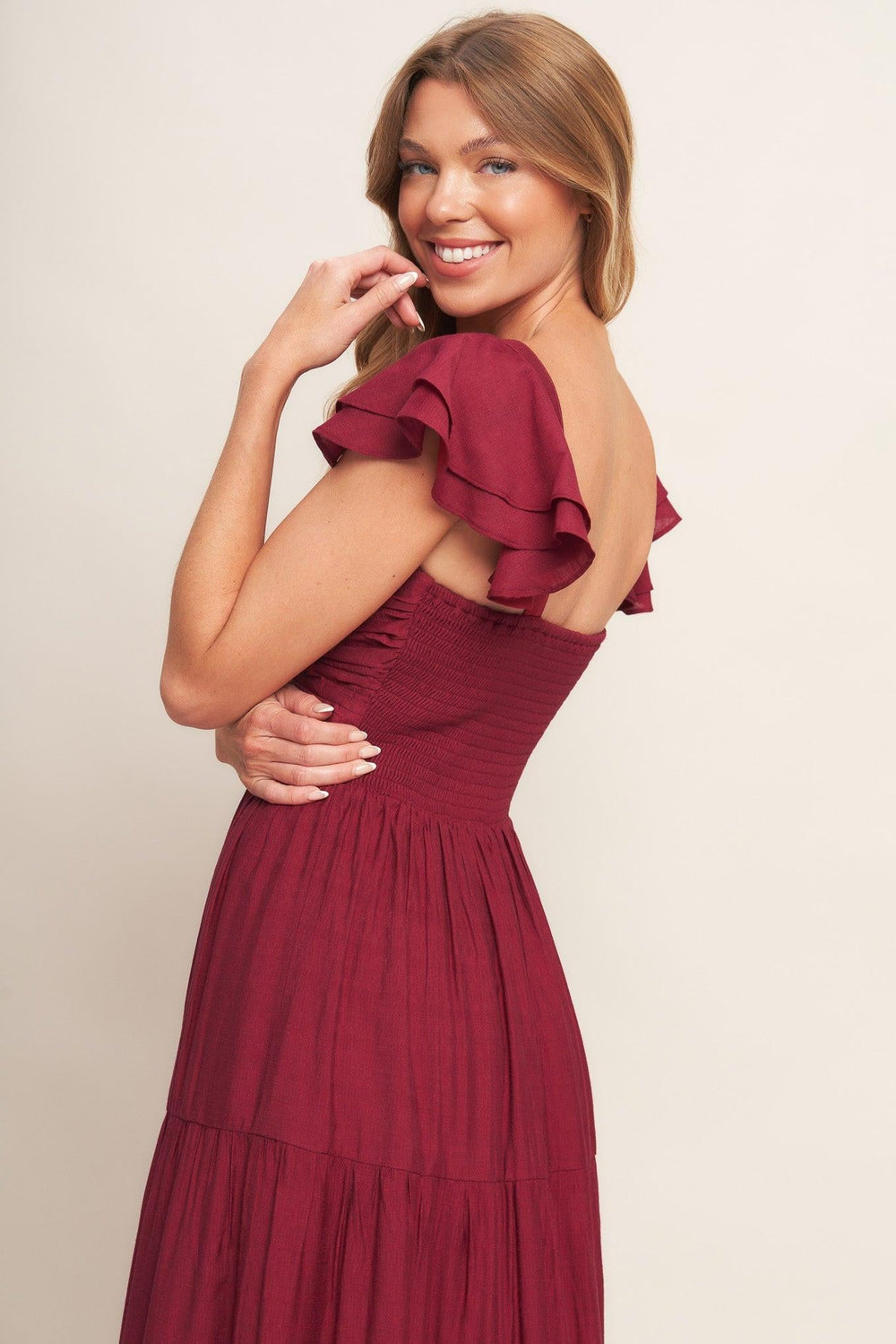 Summer Milk Deep Red Woven Maxi Dress from KADOU Boutique