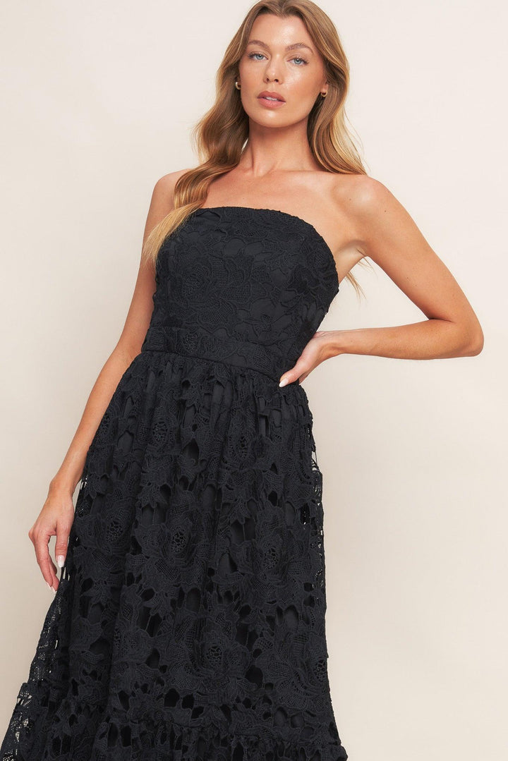 Carefree Nights Black Lace Midi Dress from KADOU Boutique