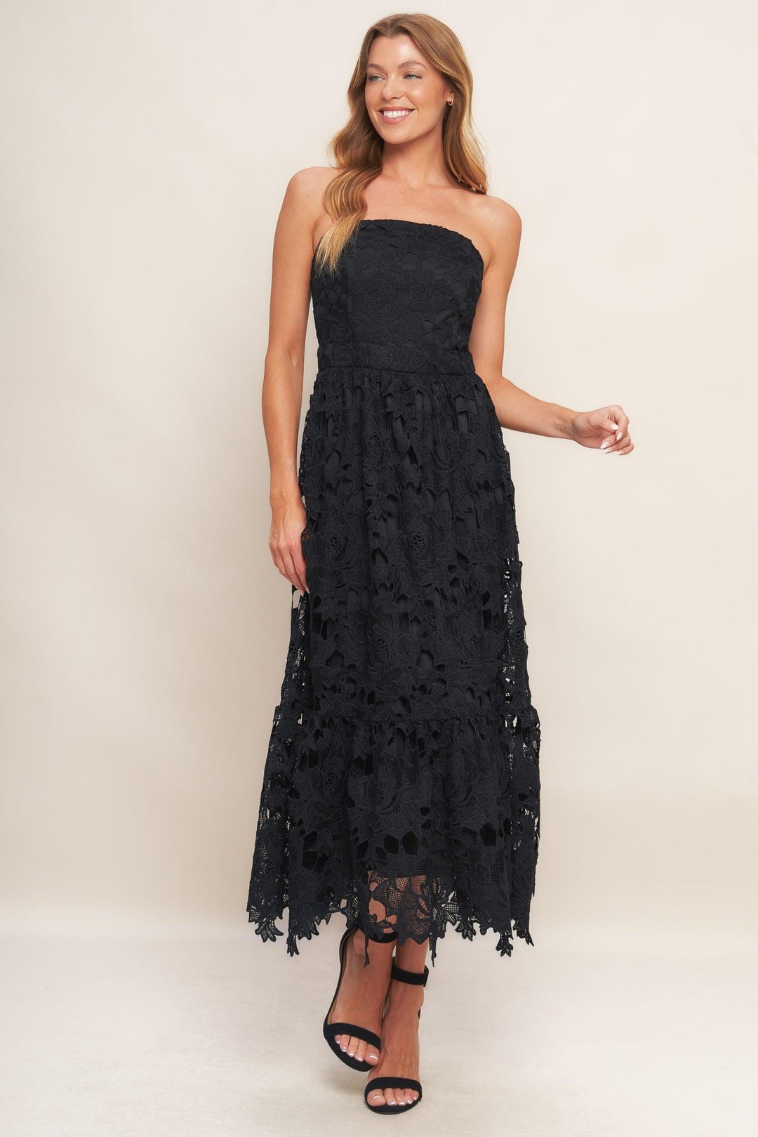 Carefree Nights Black Lace Midi Dress from KADOU Boutique