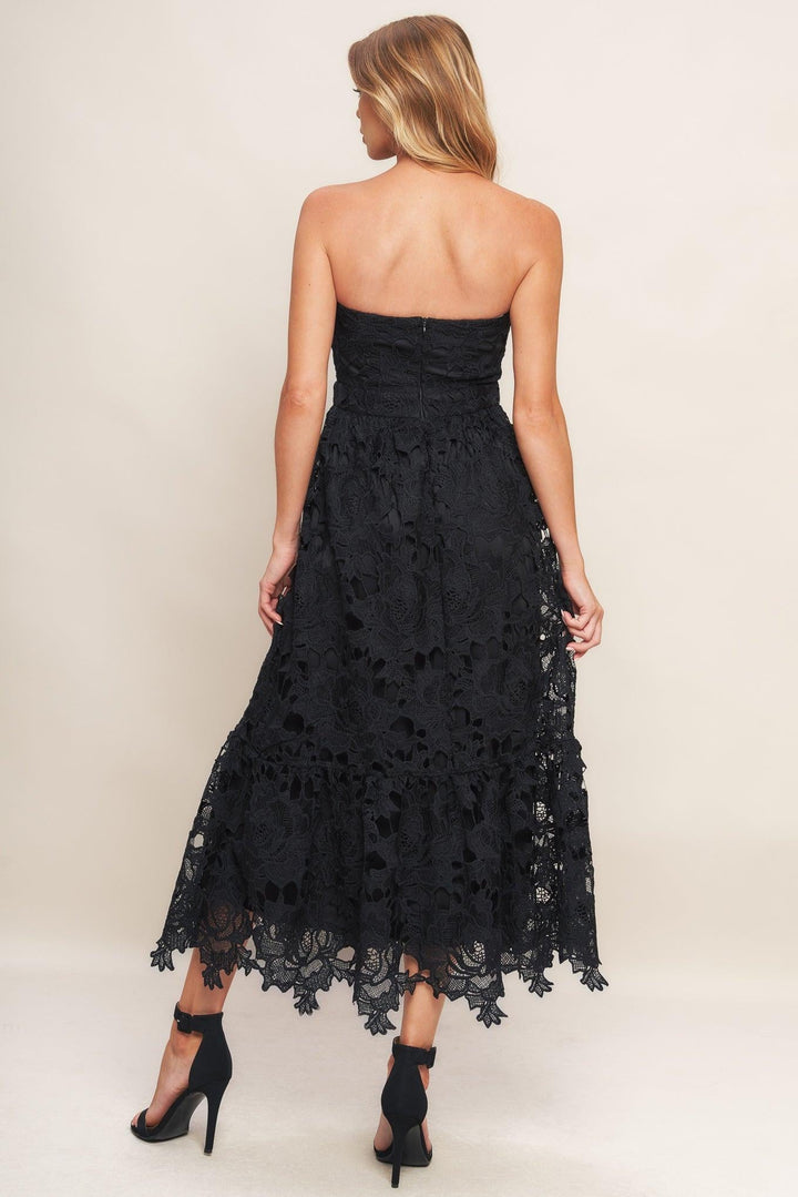 Carefree Nights Black Lace Midi Dress from KADOU Boutique