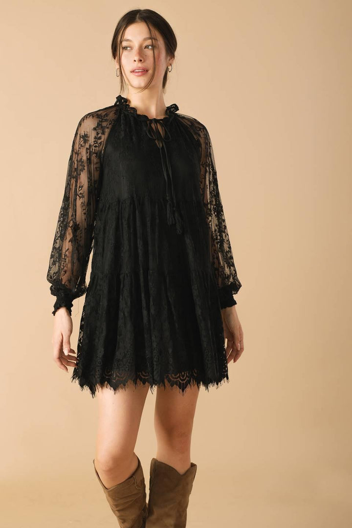 THIS &amp; THAT BLACK WOVEN LACE MINI DRESS