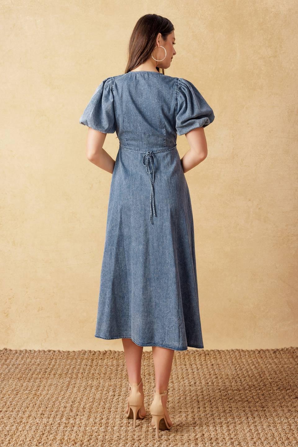 Forever Mine Light Weight Denim Midi Dress from KADOU Boutique