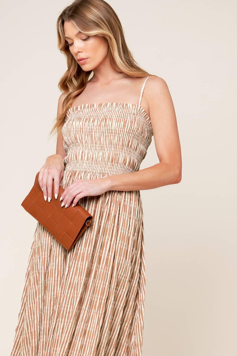 Valhalla Brown Striped Woven Midi Dress from KADOU Boutique