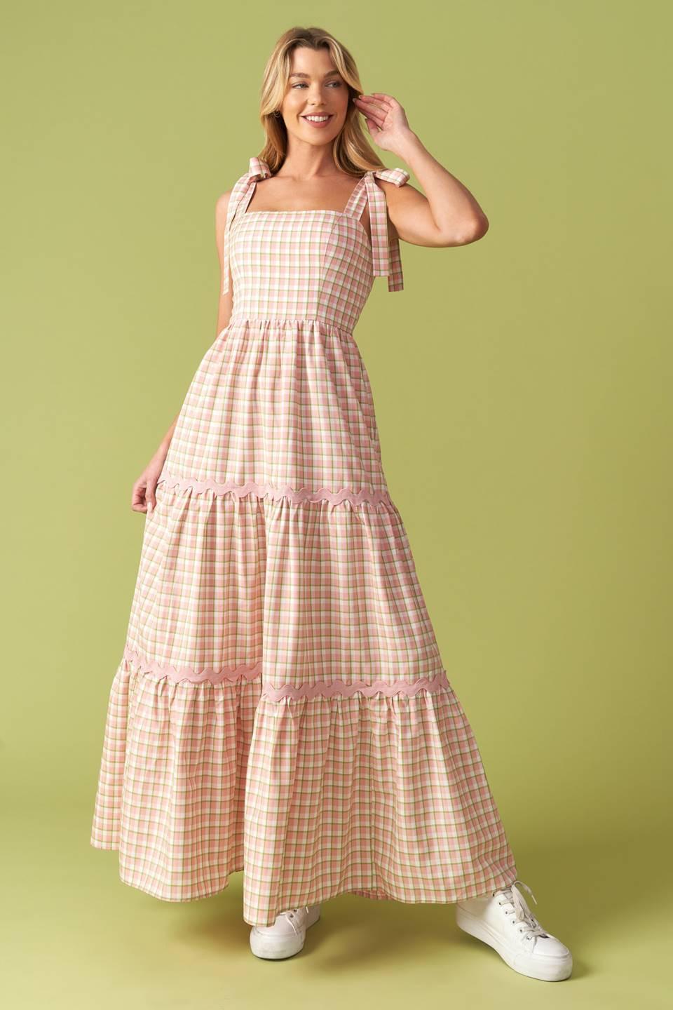 Imagine That Green Pink Plaid Midi Dress from KADOU Boutique