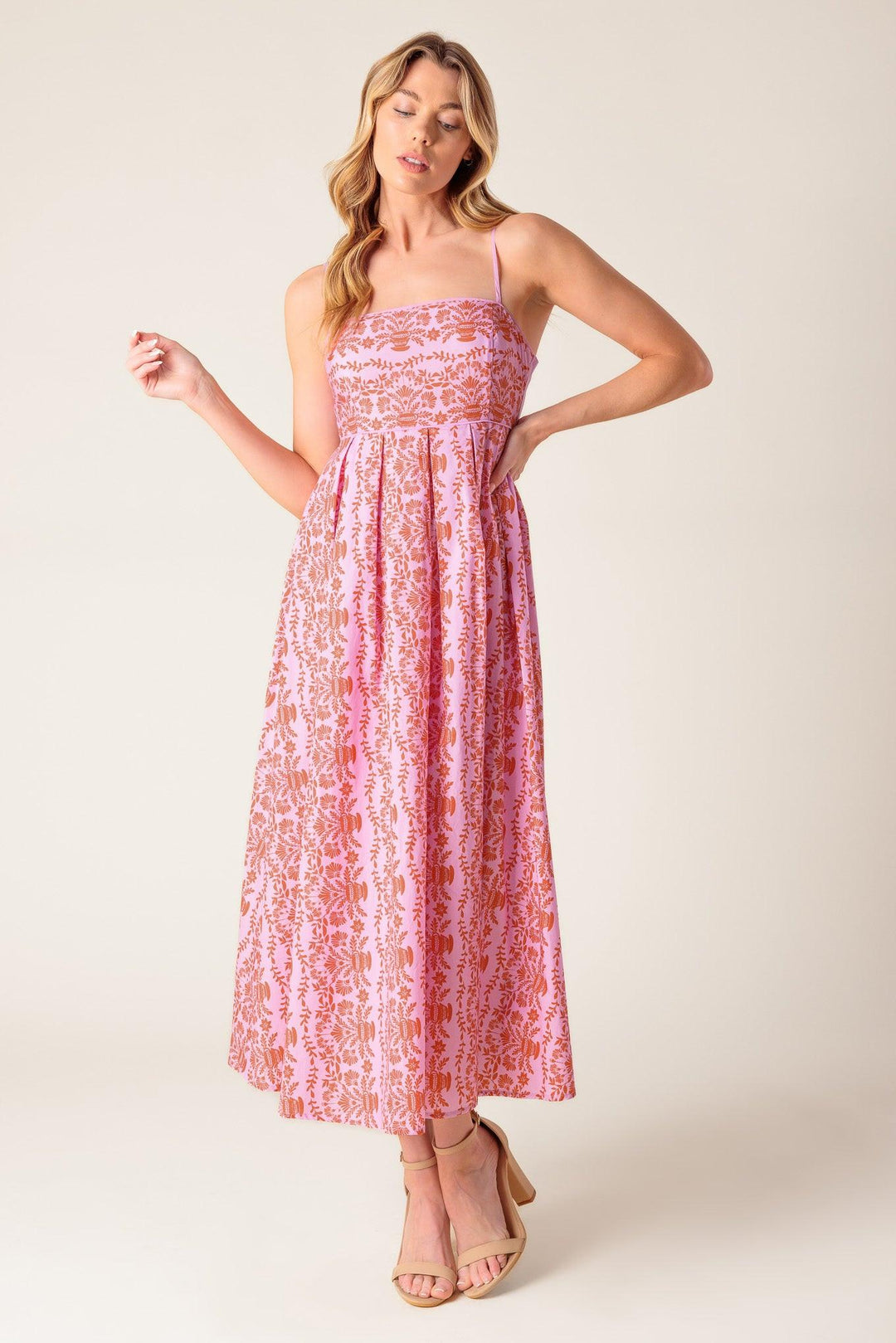 The Evette Pink Woven Midi Dress from KADOU Boutique