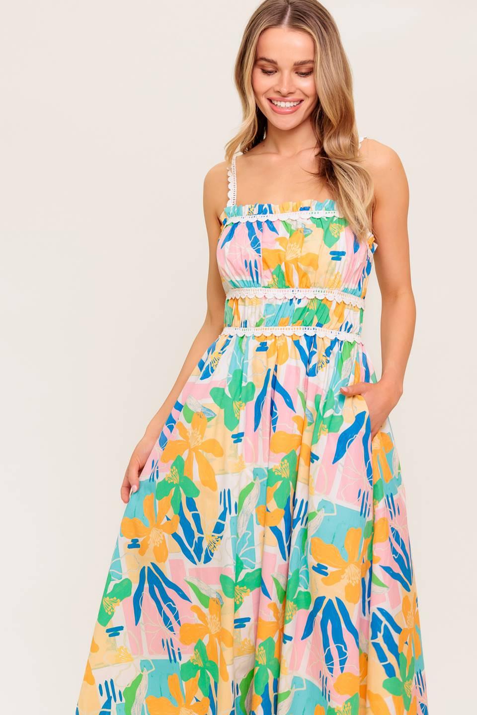 Sunlit Garden Pink Blue Woven Midi Dress from KADOU Boutique