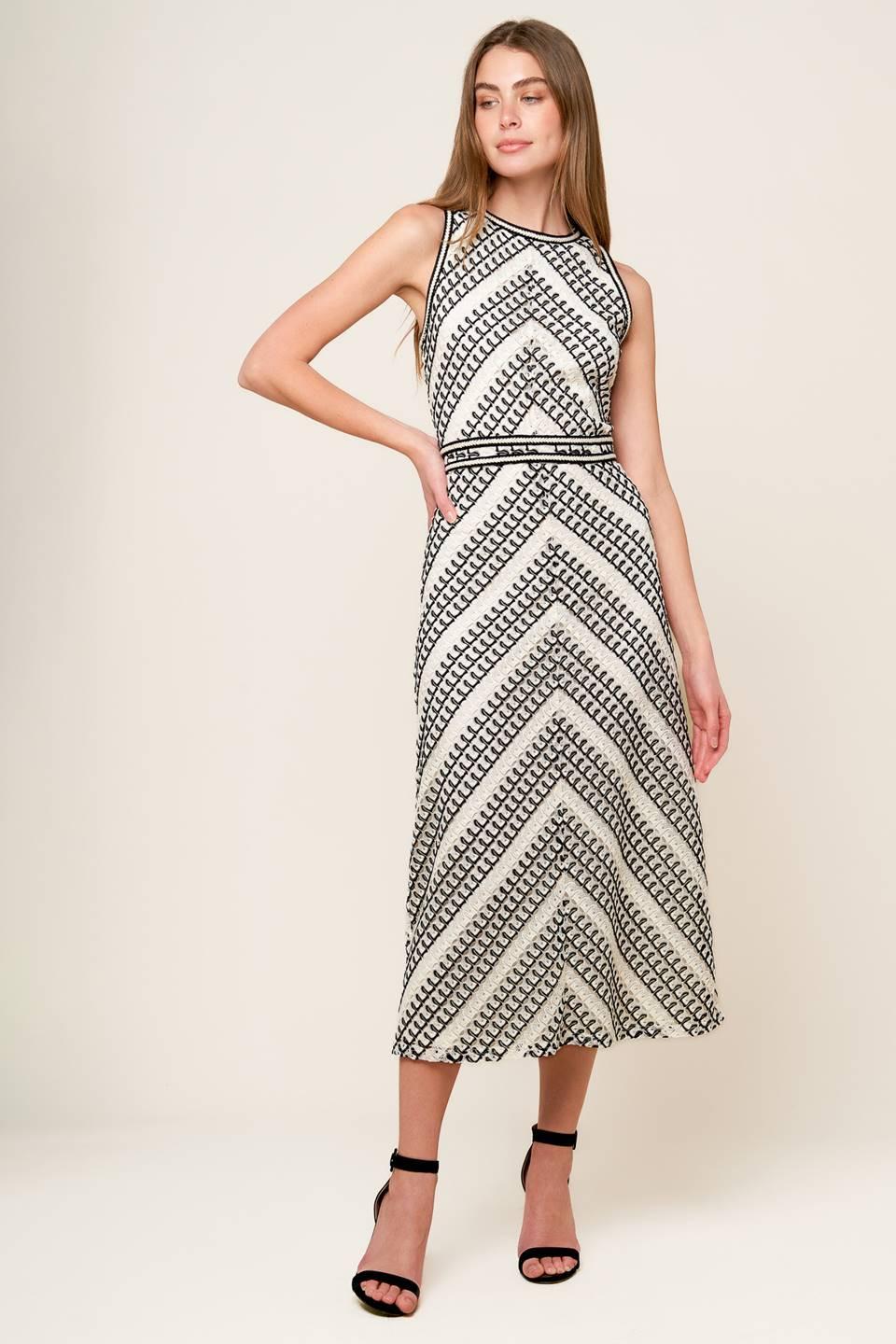black and white crochet midi dress Black And White Striped Crochet Midi Dress