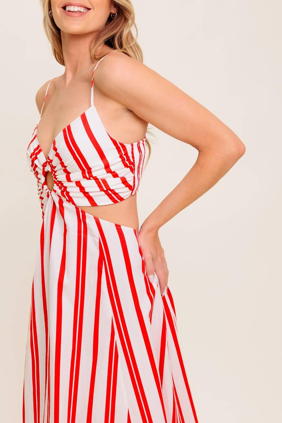 Dream Petals Red Stripe Woven Ankle Dress from KADOU Boutique