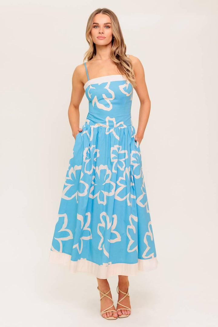 SERENE PETALS BLUE WOVEN MIDI DRESS