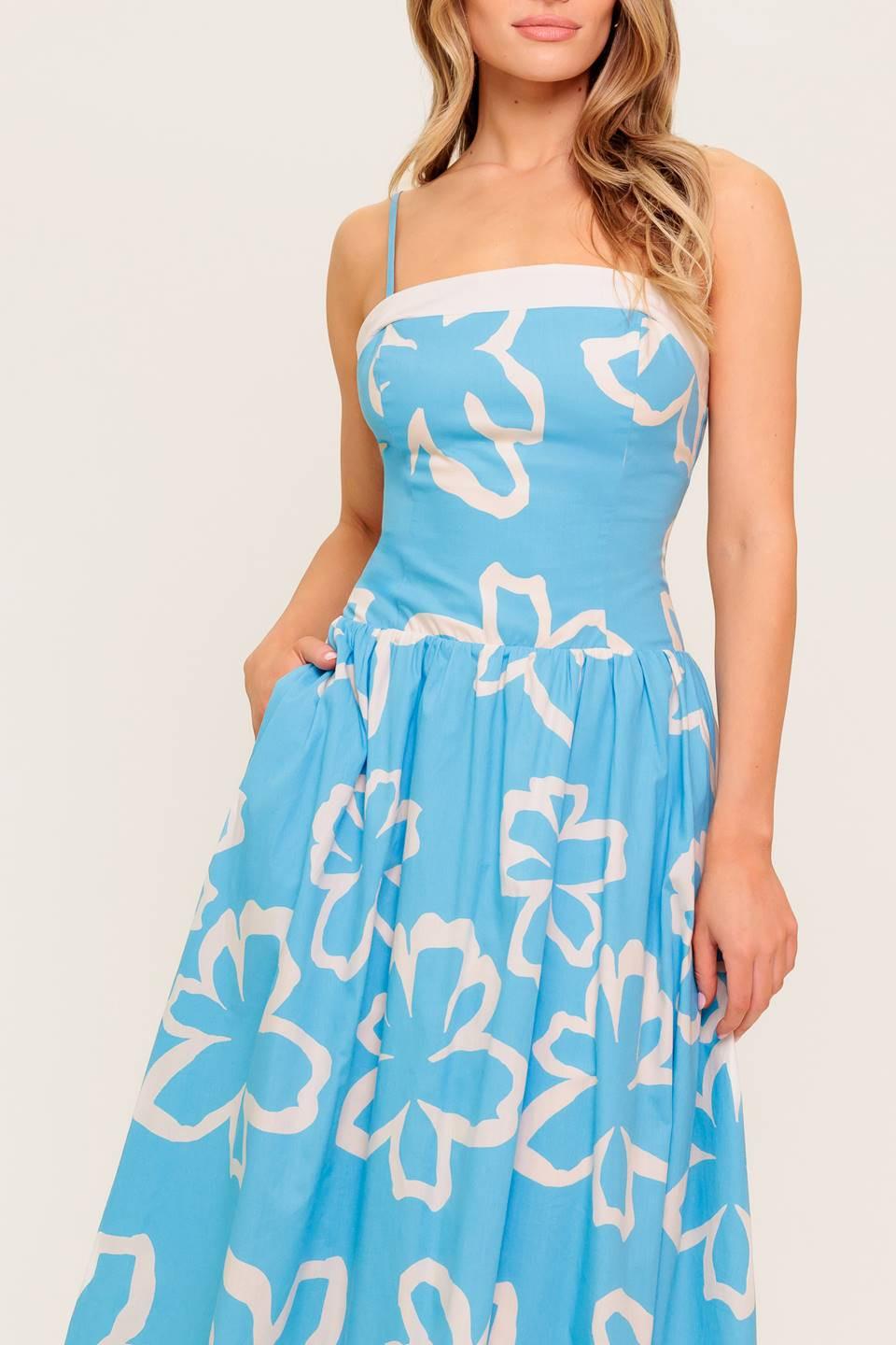 Serene Petals Blue Woven Midi Dress from KADOU Boutique