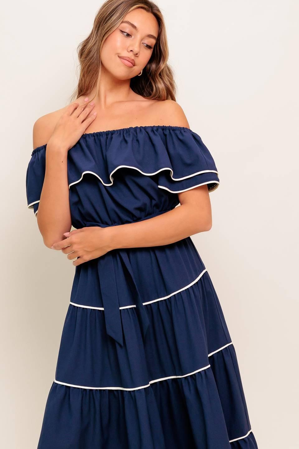 Buttercream Dream Navy Woven Midi Dress from KADOU Boutique