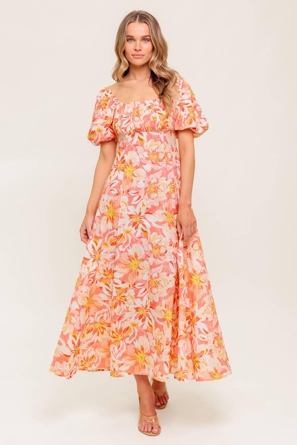 Ocean Florals Coral Woven Midi Dress from KADOU Boutique