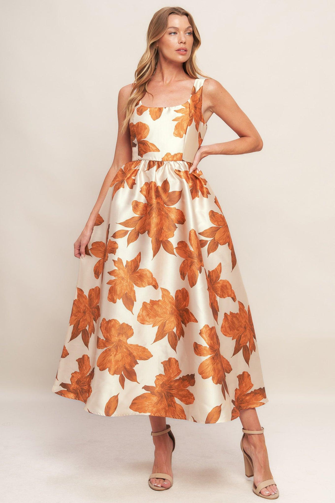 Autumnal Floral Woven Midi Dress from KADOU Boutique