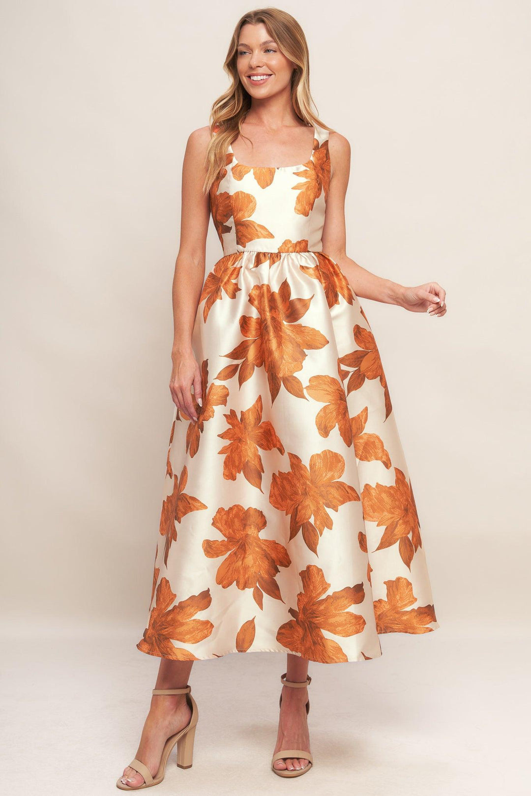 Autumnal Floral Woven Midi Dress from KADOU Boutique