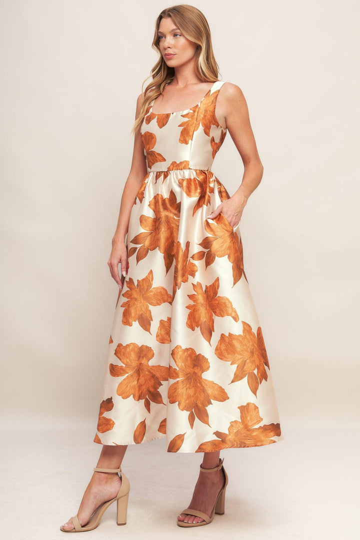 Autumnal Floral Woven Midi Dress from KADOU Boutique