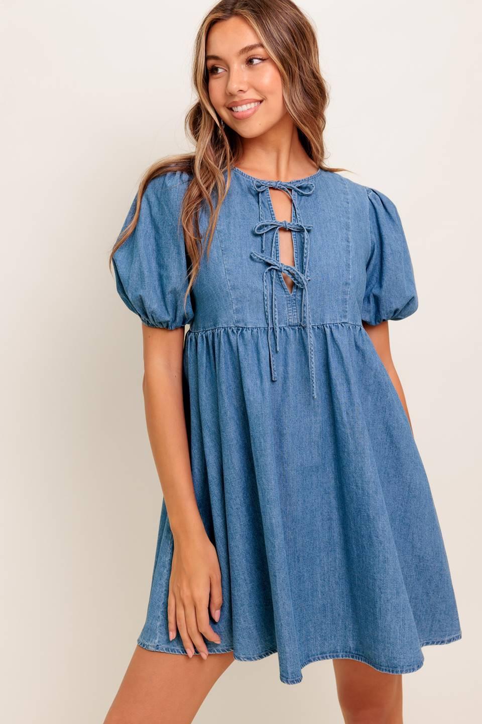 puff sleeve denim mini dress Denim Mini Dress with Bow Ties & Puff Sleeves