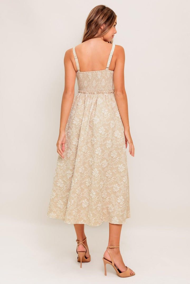 SOFT SUNSET STORY WOVEN MIDI DRESS