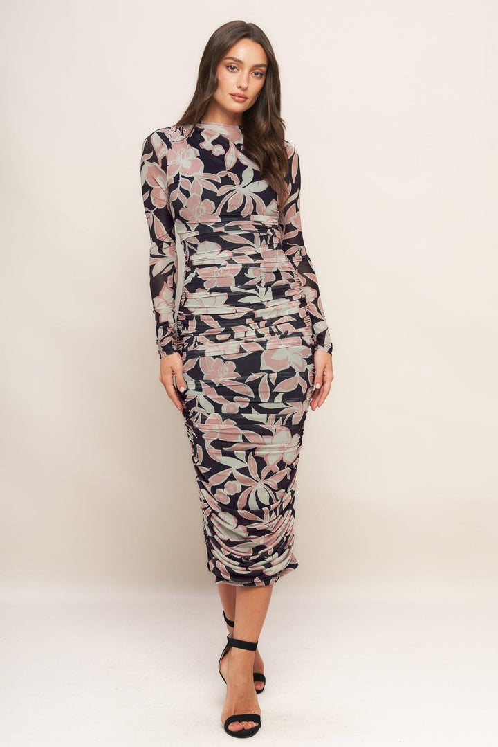 MUTED ROMANCE POWER MESH MIDI DRESS