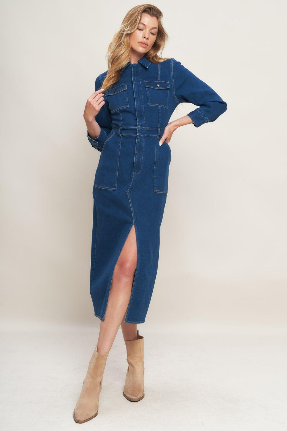 Midnight Dark Indigo Denim Midi Dress from KADOU Boutique