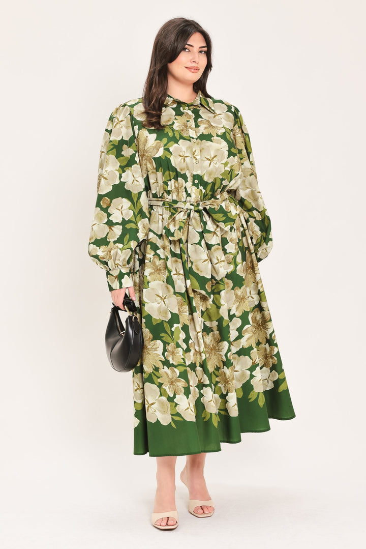 EVERGREEN CAMELLIA DREAM WOVEN MIDI SHIRT DRESS