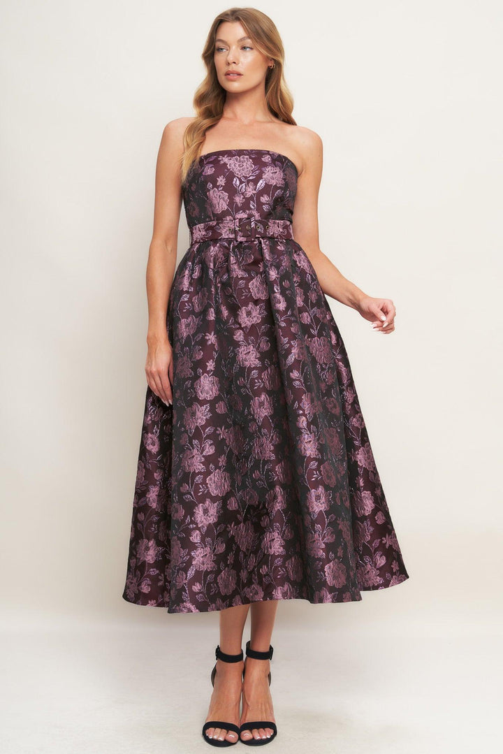 Aubergine Chic Jacquard Woven Midi Dress from KADOU Boutique