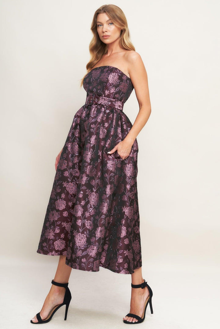 Aubergine Chic Jacquard Woven Midi Dress from KADOU Boutique