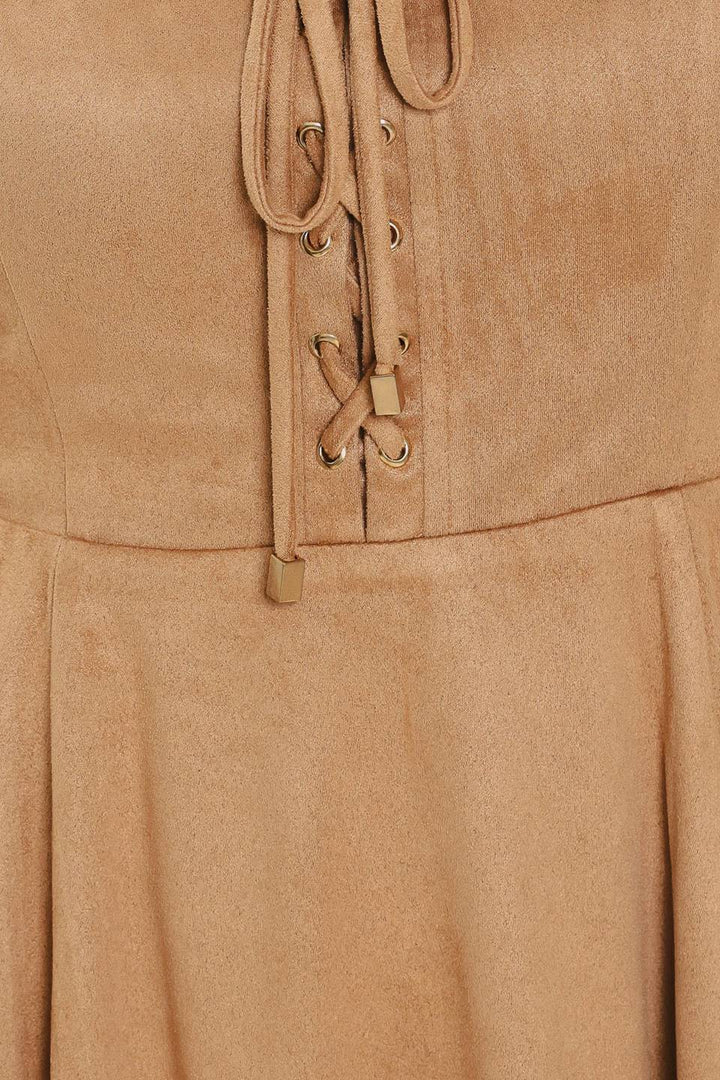 DESERT LACE CAMEL FAUX SUEDE LACE-UP MINI DRESS
