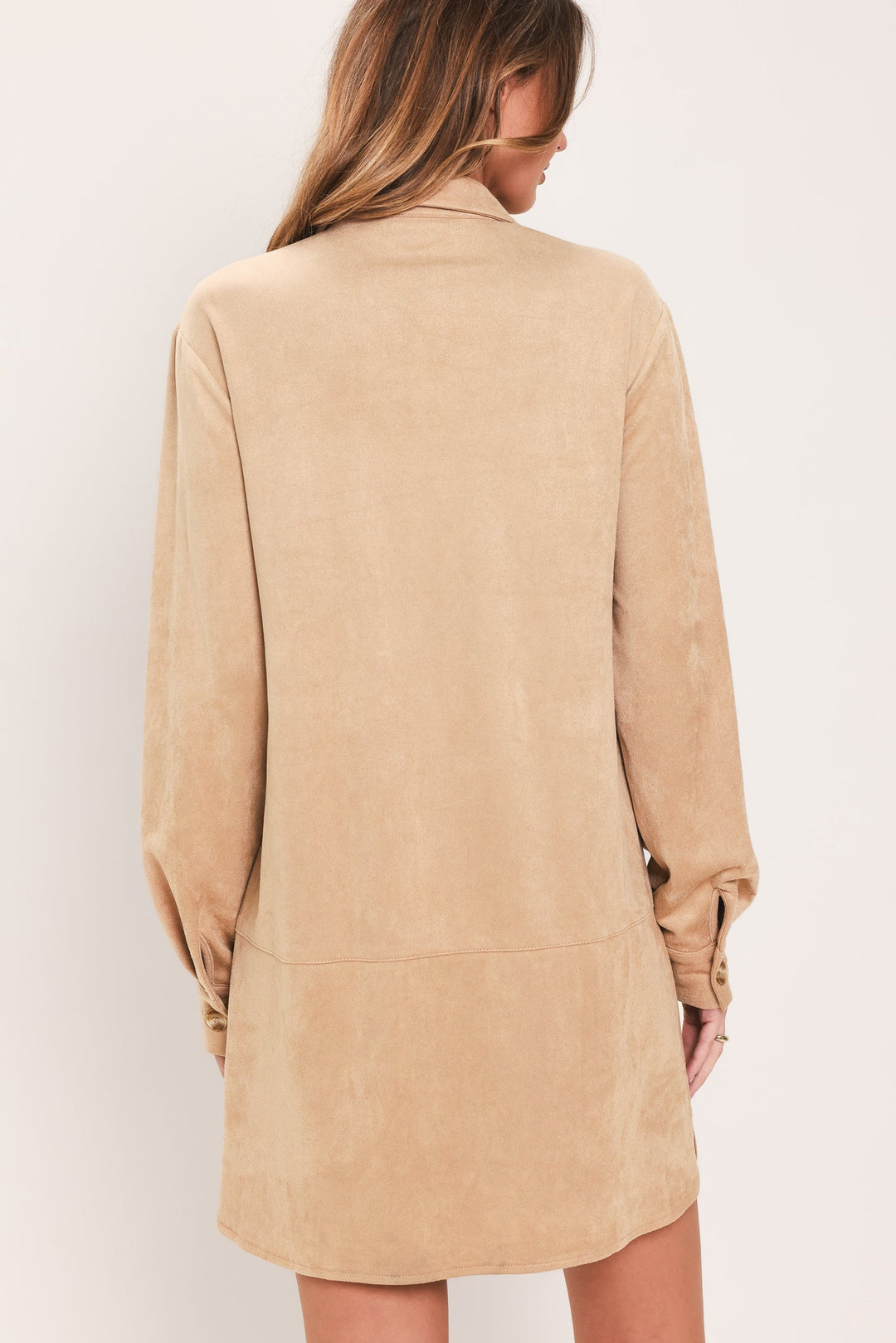 SAND SAFARI SAND FAUX SUEDE BELTED SHIRT MINI DRESS