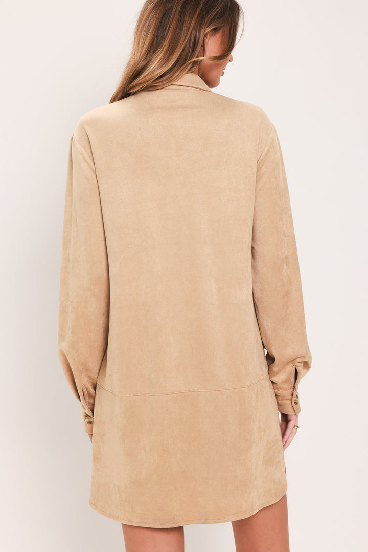 SAND SAFARI SAND FAUX SUEDE BELTED SHIRT MINI DRESS