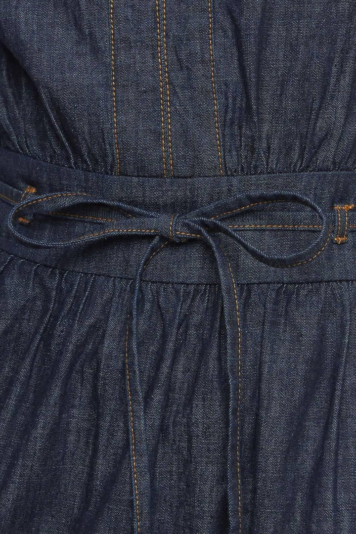 POWER DENIM GODDESS DARK INDIGO MIDI DRESS