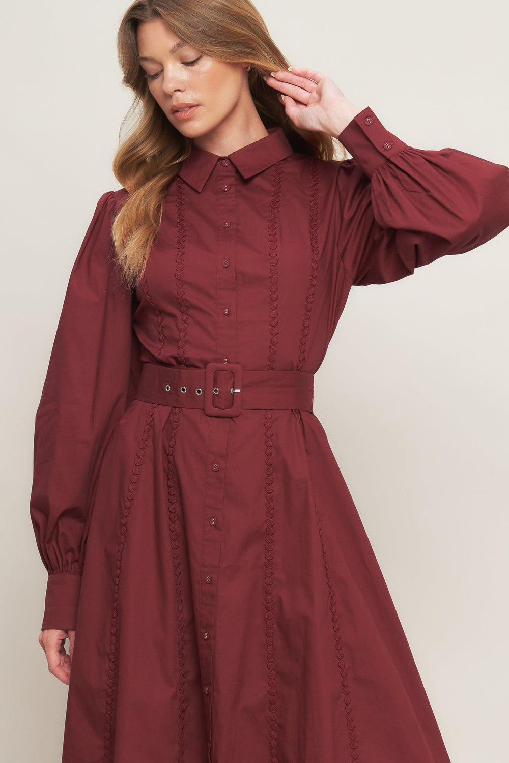 Modern Femme Burgundy Woven Midi Dress from KADOU Boutique